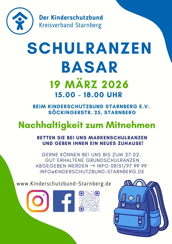 Schulranzen Basar findet im Familienzentrum des Kinderschutzbundes Starnberg am 19. März 2026 zwischen 15 und 18 Uhr statt.